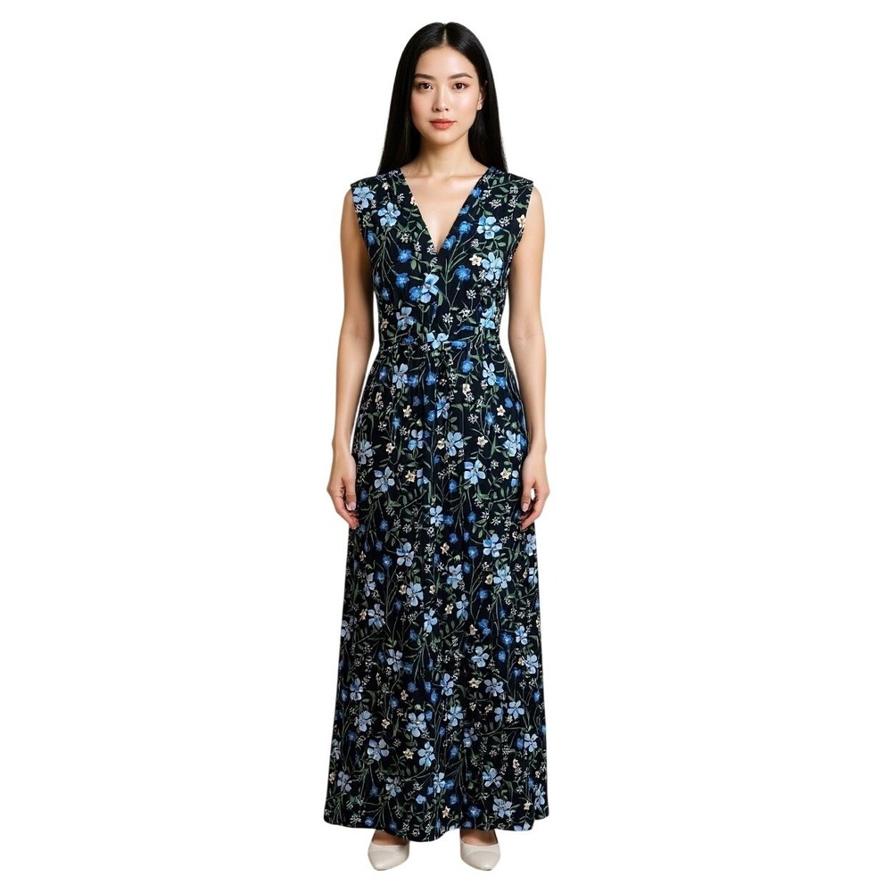 MODCLOTH‎ Dark Floral Maxi Dress Sz L Sleeveless Tropical Vacation Flowy Resort